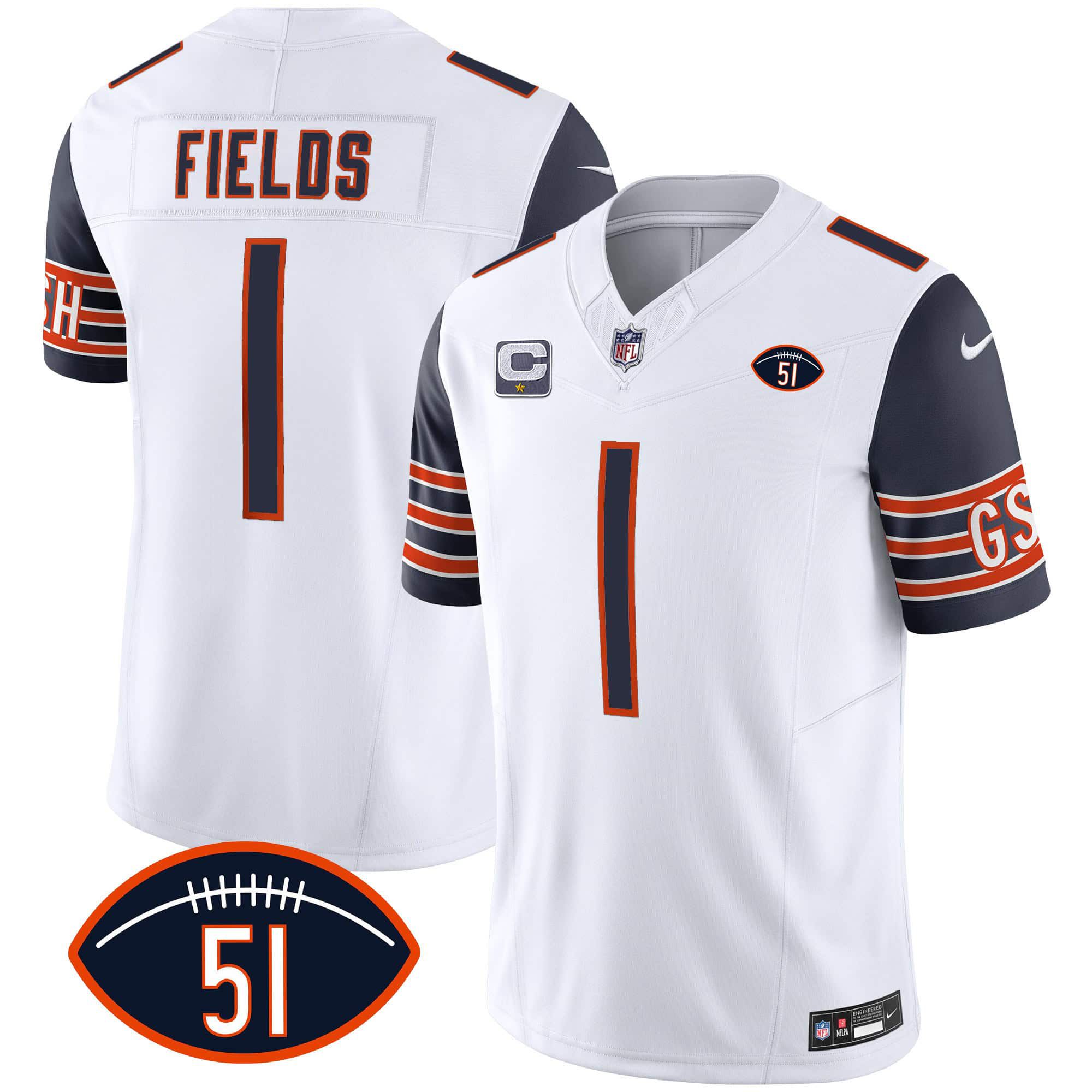 Men Chicago Bears 1 Fields White 2024 Nike Patch GSH Vapor NFL Jersey style 1